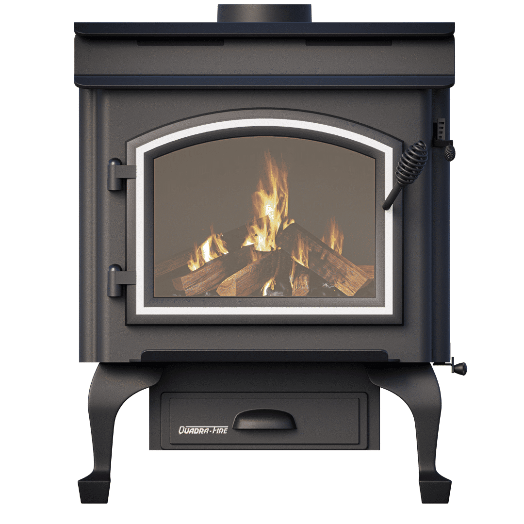 Quadra-Fire 43 Step Top wood fireplace with sleek design and glass front, ideal for modern home heating and ambiance.