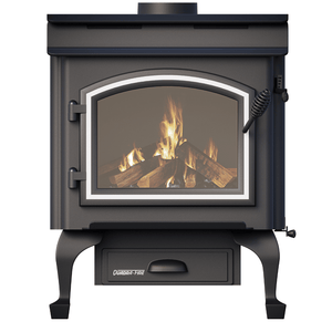 Quadra-Fire 43 Step Top wood fireplace with sleek design and glass front, ideal for modern home heating and ambiance.