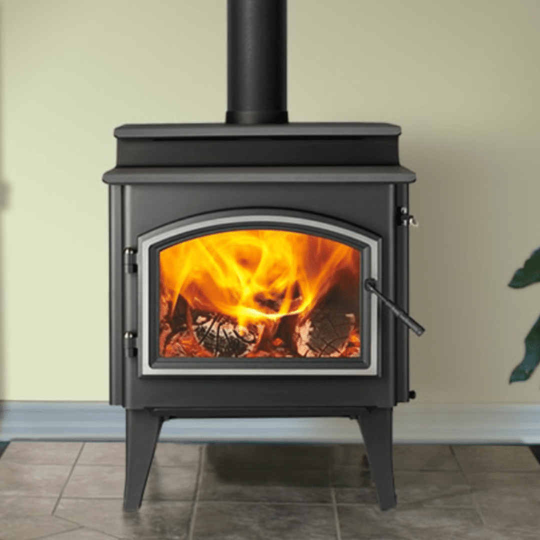 Quadra-Fire 43 Step Top wood fireplace with sleek design and glass door, ideal for cozy indoor heating and stylish home decor.