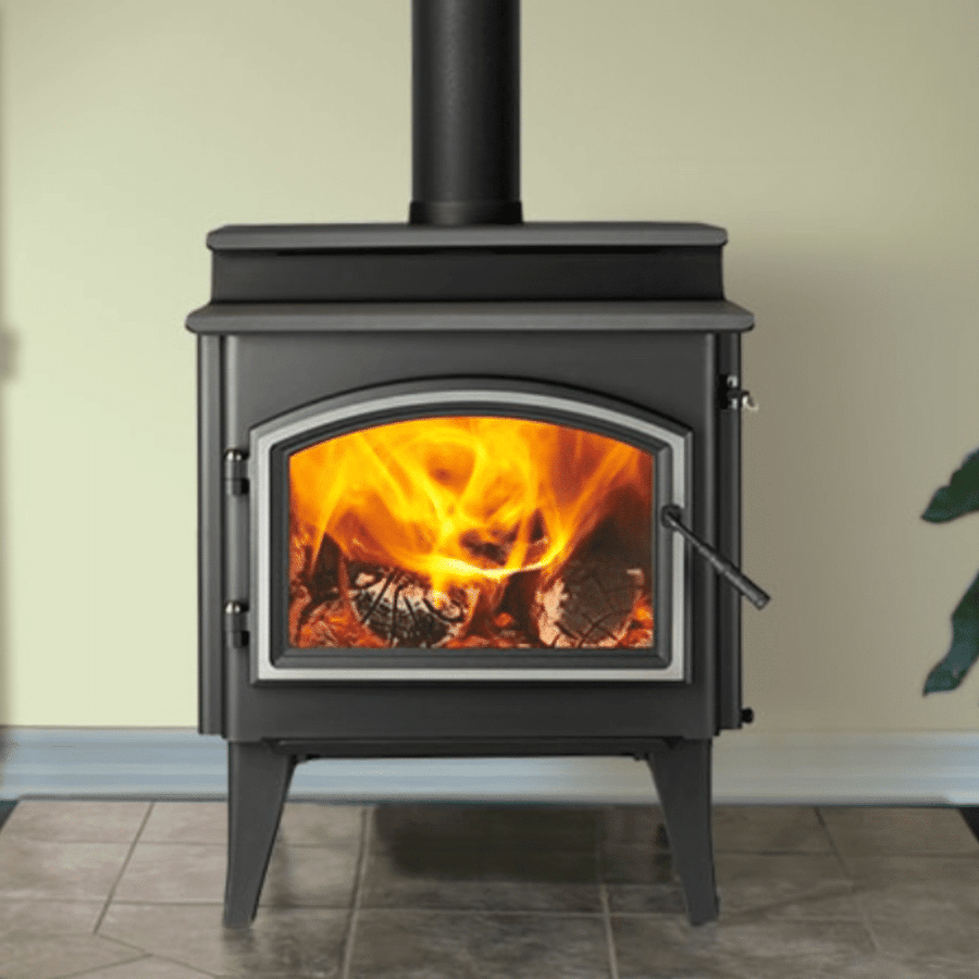 Quadra-Fire 43 Step Top wood fireplace with sleek design and glass door, ideal for cozy indoor heating and stylish home decor.