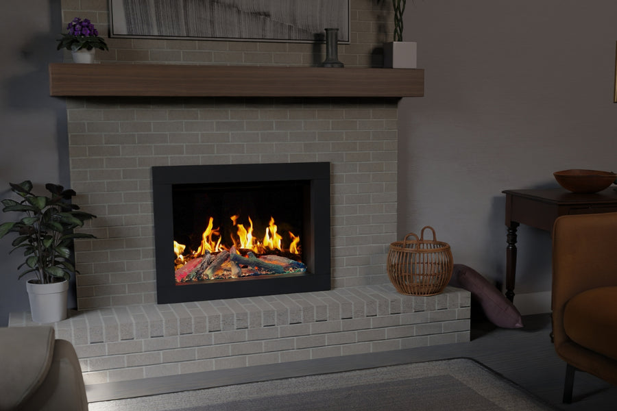 VisionLINE E660 LED electric fireplace insert showing realistic flame effect and sleek black frame design.