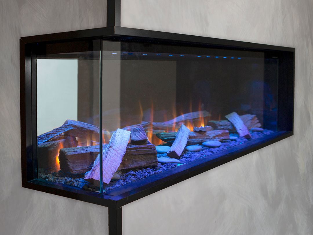 VisionLINE View 3-sided electric fireplace showcasing modern design and realistic flame display in a sleek black frame.