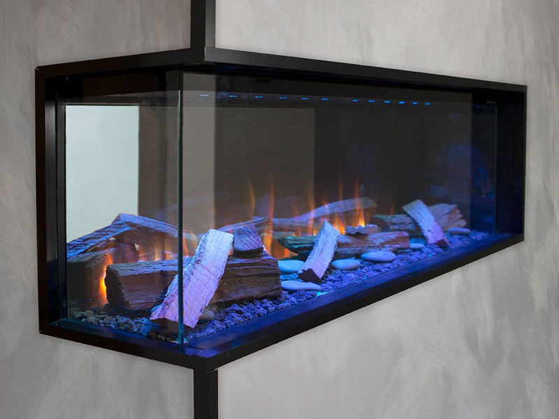 VisionLINE View 3-sided electric fireplace showcasing modern design and realistic flame display in a sleek black frame.