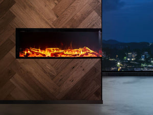 VisionLINE View 3-sided electric fireplace showcasing modern design and realistic flame effects in a contemporary living space.