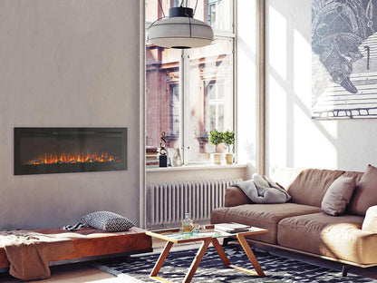 VisionLINE Linear Electric Fireplace from the VL24 Series showcasing sleek design and realistic flame display in a modern living space.