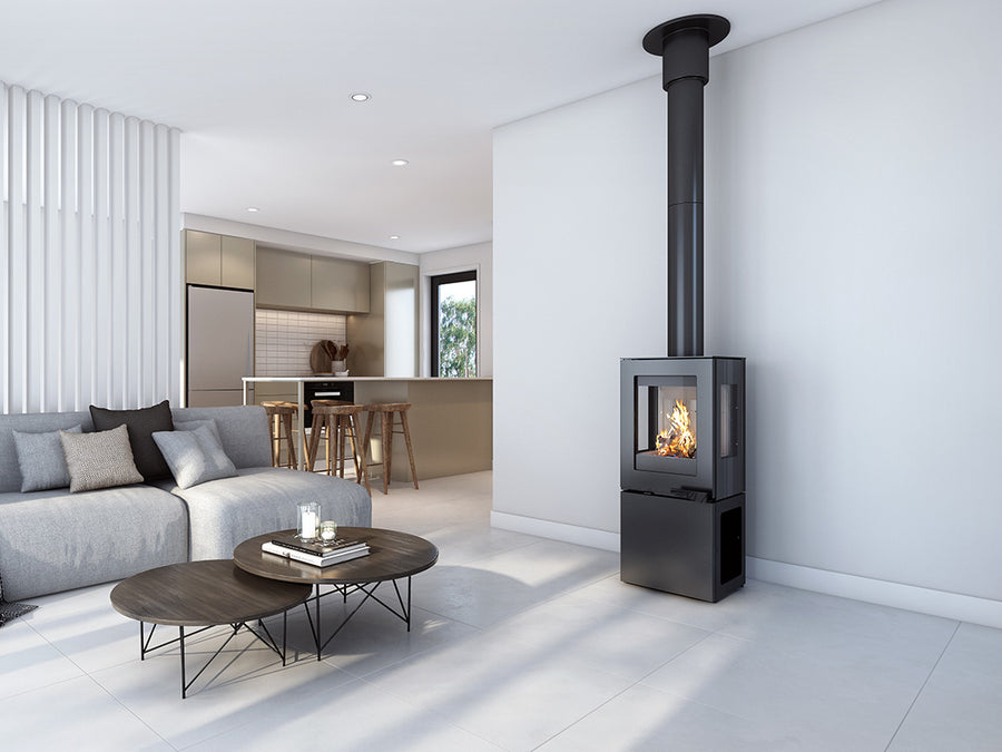 Modern VisionLINE Pera wood fireplace with sleek design and glass front, showcasing the contemporary wood-burning fireplace.