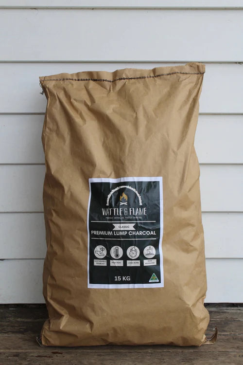 Wattle and Flame Classic Mallee Root Lump Charcoal in 5kg bag, showing irregular Mallee wood chunks for grilling and smoking.