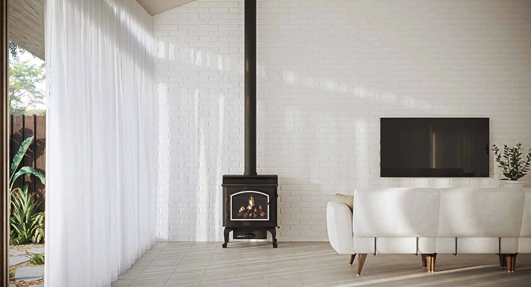 Quadra-Fire 43 Step Top wood fireplace with black metal frame and glass front, designed for indoor heating and decorative ambiance.