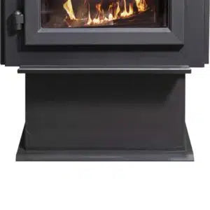 Quadra-Fire 43 Step Top wood fireplace unit with black exterior and glass front, designed for indoor heating.