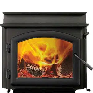 Quadra-Fire 43 Step Top wood fireplace with black finish and glass door, designed for indoor heating and ambiance.