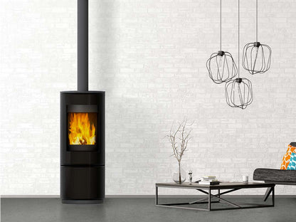 VisionLINE Carina wood stove with circular design and concentric spigot, compact round wood fireplace for cozy heating