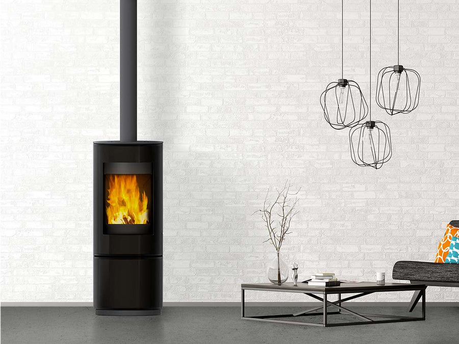 VisionLINE Carina wood stove with circular design and concentric spigot, compact round wood fireplace for cozy heating