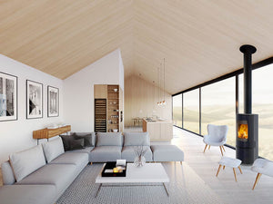 VisionLINE Carina round wood stove with concentric design, compact fireplace featuring a circular wood fire heater.