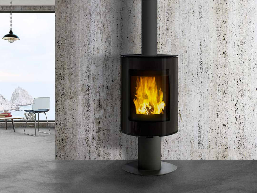 VisionLINE Musca wood stove with spinning design, black steel fireplace for cozy wood-burning heating.