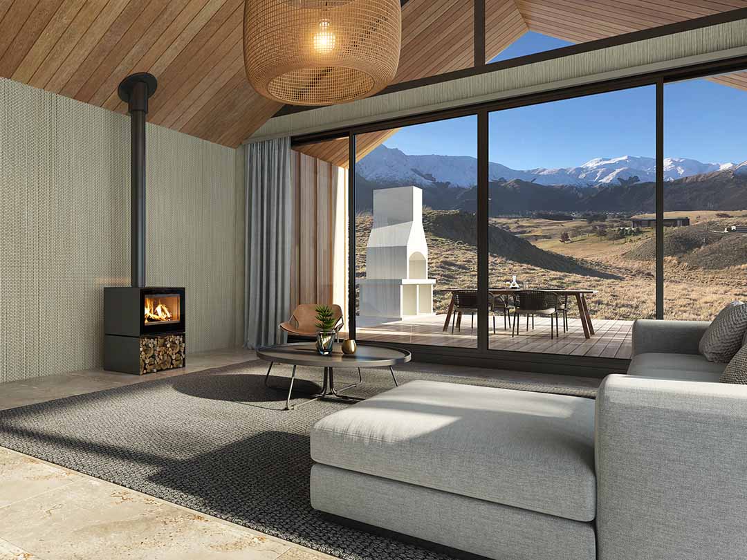 VisionLINE Phoenix wood stove with glass door and metal finish, designed for efficient wood-burning fireplace heating.