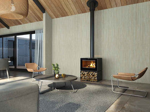Wood fireplace by VisionLINE featuring the Phoenix Wood Stove with a modern design and glass front for cozy heating.
